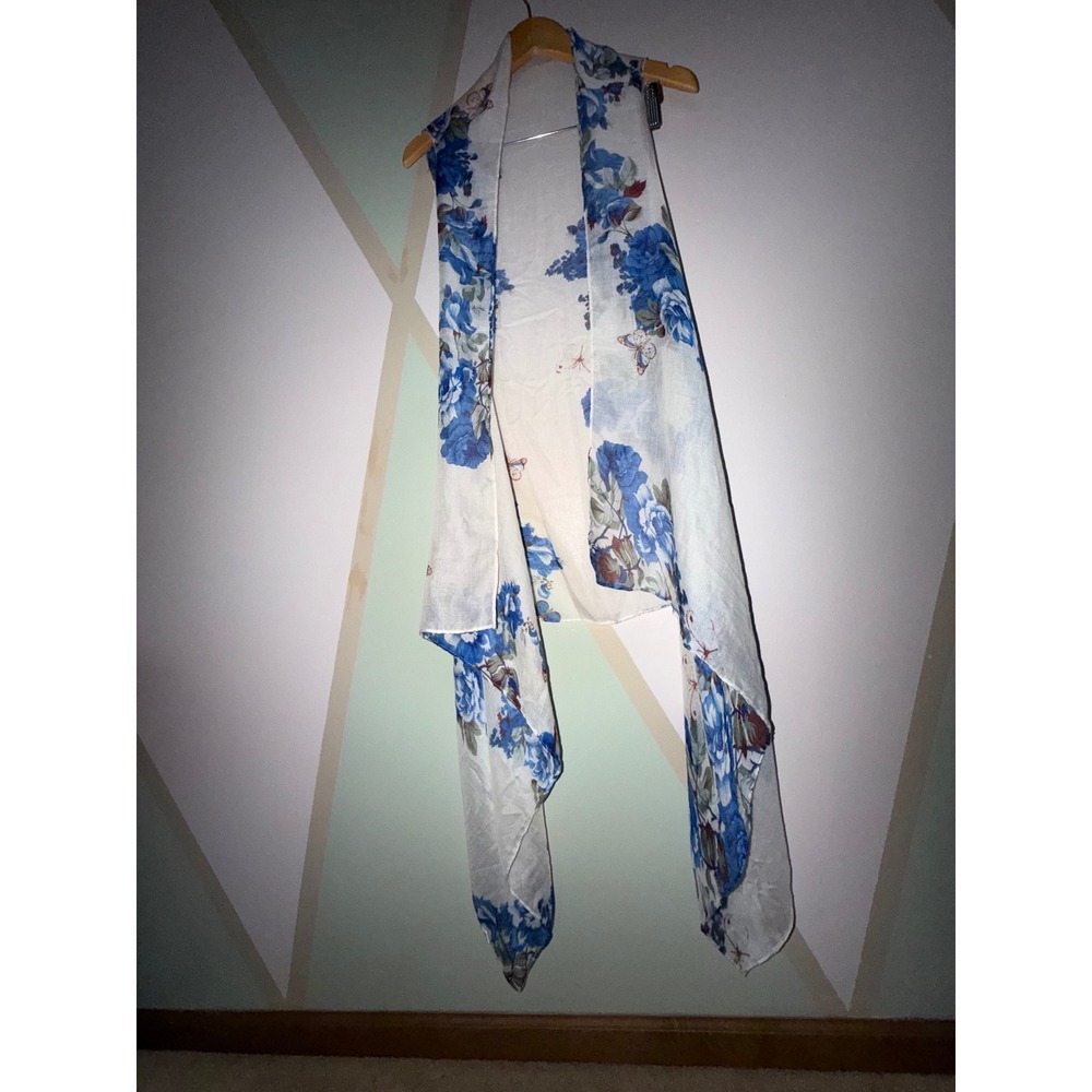 Simply by True Blue Floral Butterfly Sheer Long Vest One Size Boho Cottagecore